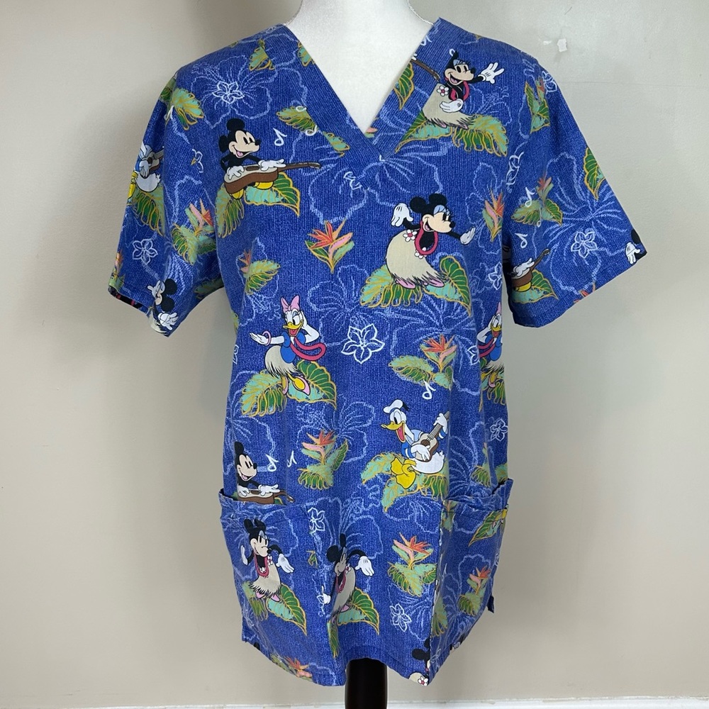 4/$25 Tropical Disney Scrub top size small surfing Mickey Mouse Hawaiian